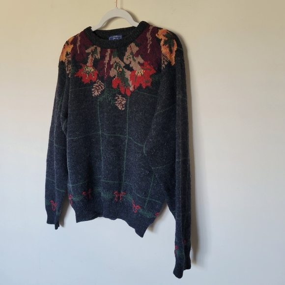 Vintage Woolrich Wool Window Pane Plaid Leaves Grandpa Charcoal Sweater - Picture 2 of 6